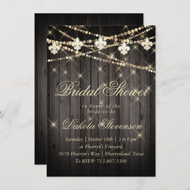 Fleur de Lis Wood Lights | Rustic Shower Invitation (Front/Back)