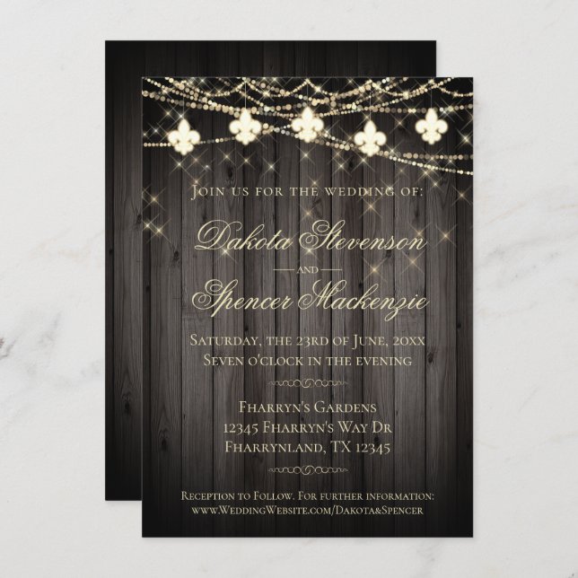 Fleur de Lis Wood Lights | Rustic Wedding Invitation (Front/Back)
