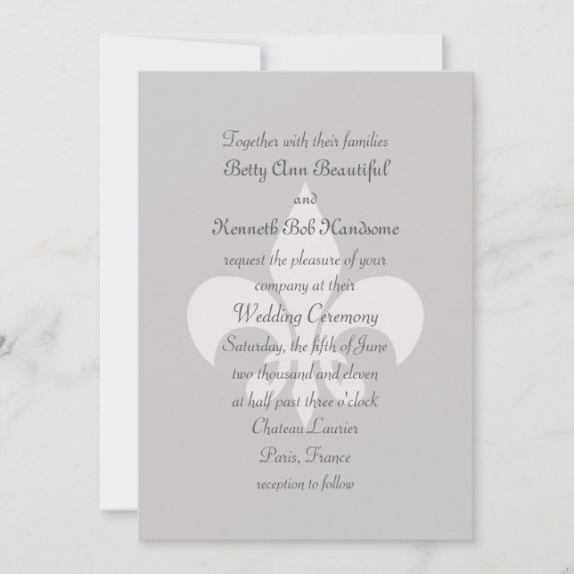Fleur de Lise Wedding Invitation in Smokey Greys (Front)