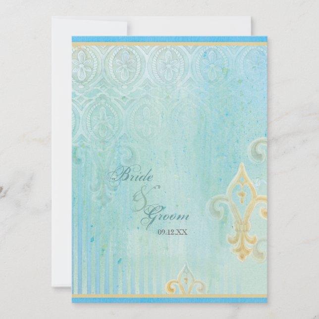 Fleur di Lys Damask 2 Blue - Wedding Invitation (Front)