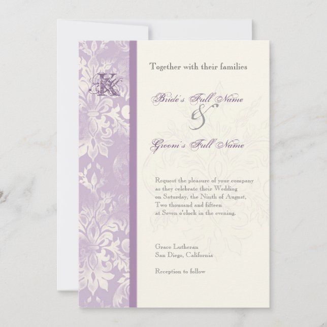 Fleur di Lys Damask - Lilac Wedding Invitation (Front)