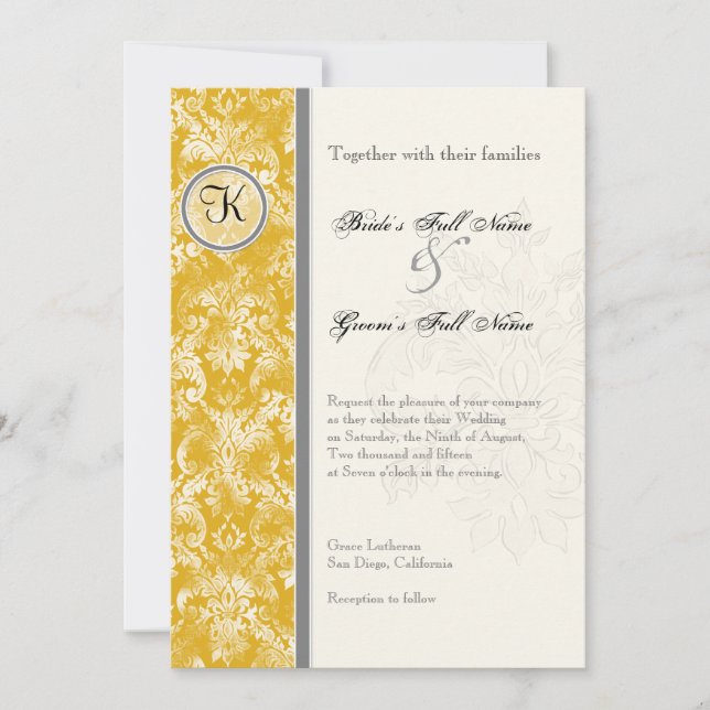 Fleur di Lys Damask - Mustard Wedding Invitation (Front)