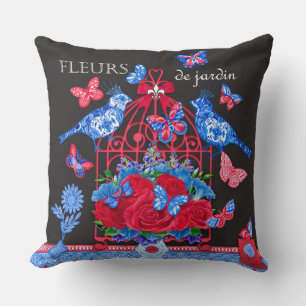 Fleur Porcelain Birds and Birdcage Throw Pillow