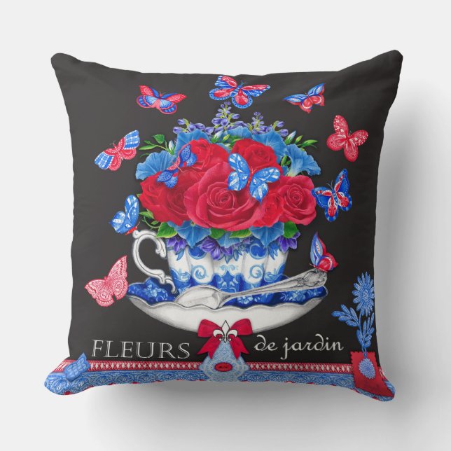 Fleur Porcelain Cup and Flowers Throw Pillow (Front)