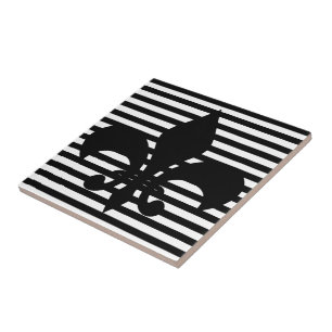 Fleurs-de-lis Black and White Striped Background Tile