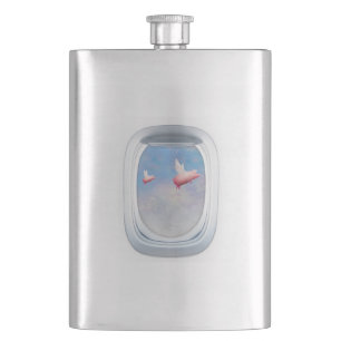 Flight of Fancy - Pigs Flying Past Aeroplane Windo Hip Flask
