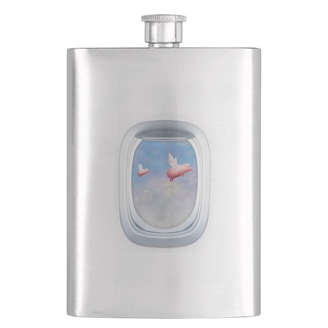 Flight of Fancy - Pigs Flying Past Aeroplane Windo Hip Flask (Front)