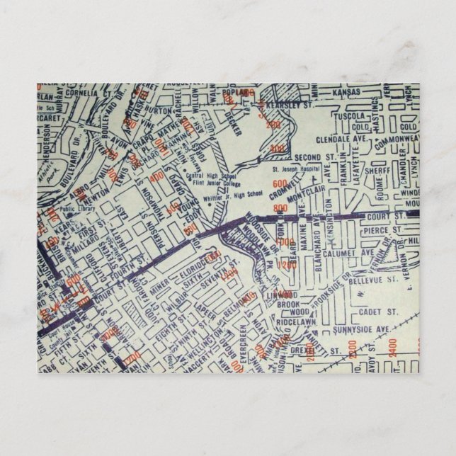 Flint, MI Vintage Map Postcard (Front)