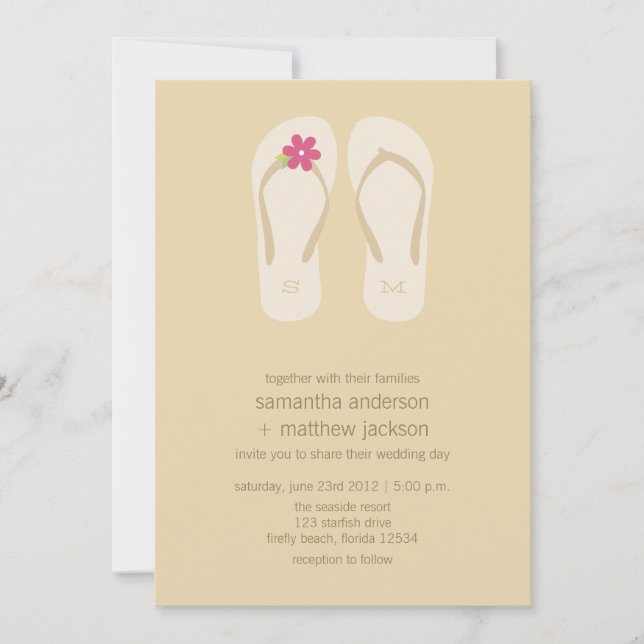 Flip Flop Beach Wedding Invitations -Pink Flower (Front)