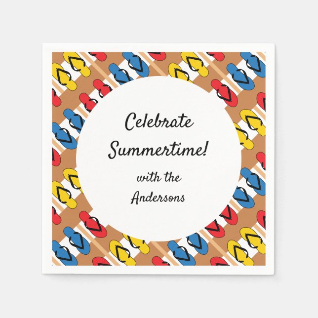 Flip Flop Primary Stripe Personalised Summer Party Napkin (Front)