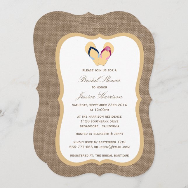 Flip-Flop Sand Beach Burlap Bridal Shower Invites (Front/Back)