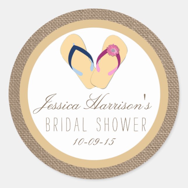 Flip-Flop Sand Beach Burlap Bridal Shower Stickers (Front)