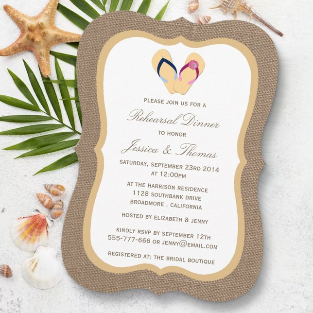 Flip-Flop Sand Beach Burlap Rehearsal Dinner Invitation (Creator Uploaded)