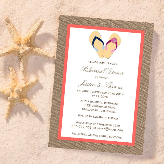 Flip-Flop Sand Beach Burlap Rehearsal Dinner Invitation (Creator Uploaded)