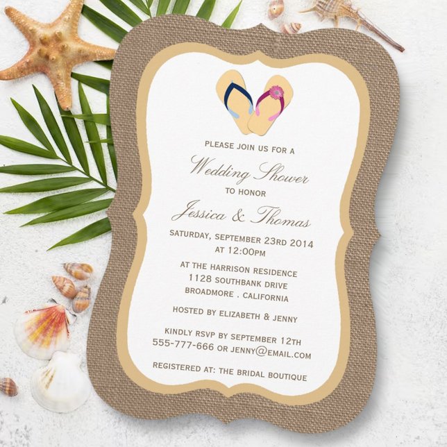 Flip-Flop Sandy Beach On Burlap Wedding Shower Invitation (Creator Uploaded)