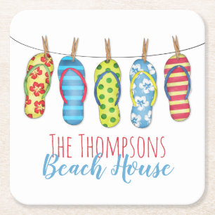 Flip Flops Personalised Whimsical Beach House Square Paper Coaster