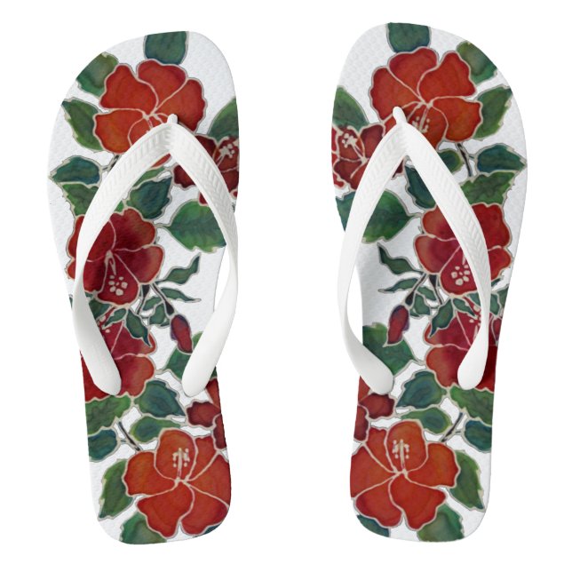 Flip Flops - Red Hibiscus Blossoms (Footbed)
