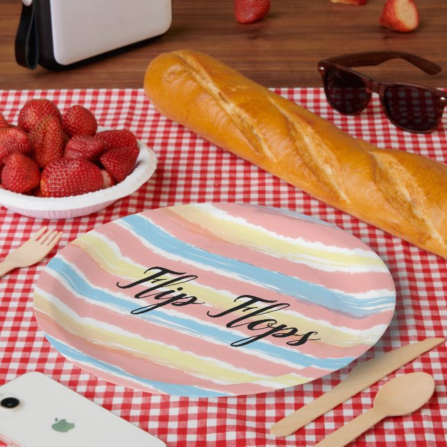 Flip Flops Typography Yellow Pink Blue Stripes Paper Plate (Picnic)