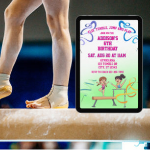 Flip, Tumble, Jump, Play Gymnastic Birthday Invitation