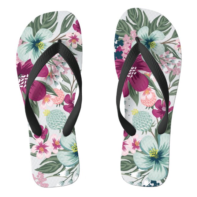 Flipflop Sandals Tropical Flowers on White (Footbed)