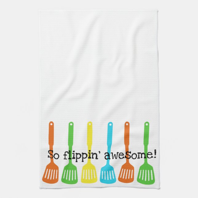 Flippin' awesome bright kitchen gadgets/flippers tea towel (Vertical)