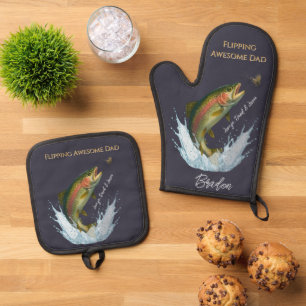 Flipping Awesome Dad Fly Fishing kids names Oven Mitt & Pot Holder Set