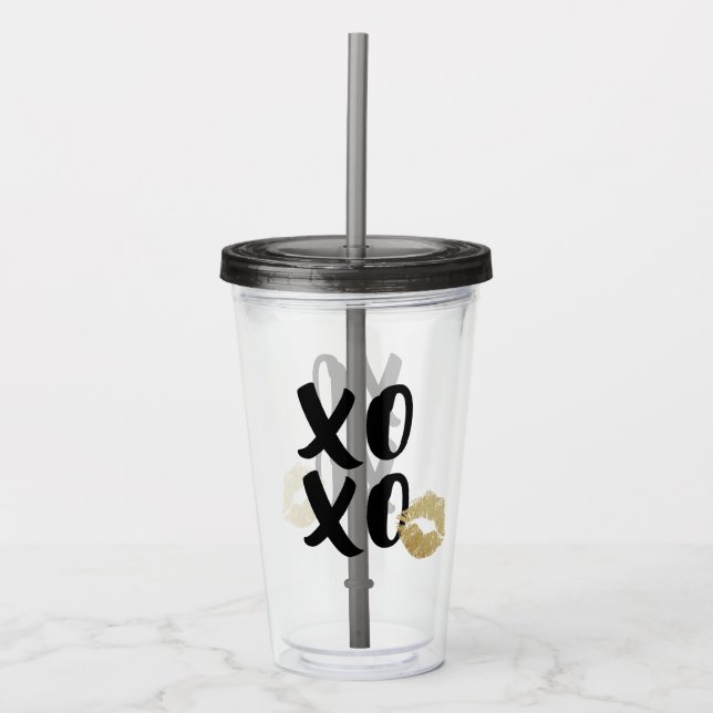 Flirty Black XOXO Script with Gold Lips Kiss Acrylic Tumbler (Front)