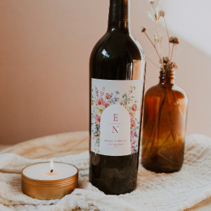 Flirty Floral Meadow   Summer Wedding Wine Label