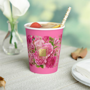 Flirty Pink and Green Peony Monogram Party Cups