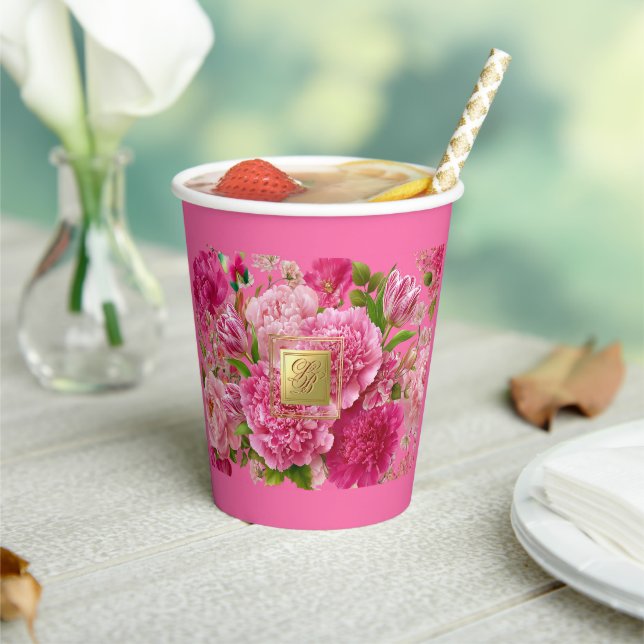 Flirty Pink and Green Peony Monogram Party Cups (Insitu)