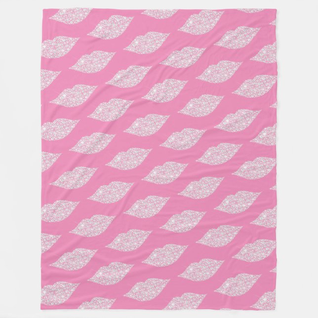 Flirty Pink White Diamond Lips Fleece Blanket (Front)