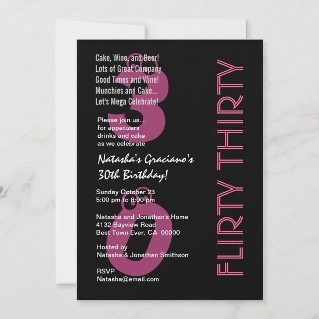 Flirty Thirty Birthday Black White PInk Template (Front)