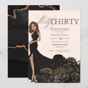 Flirty Thirty Glam Black & Rose Gold 30th Birthday Invitation