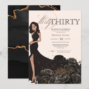 Flirty Thirty Glam Black & Rose Gold 30th Birthday Invitation