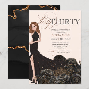 Flirty Thirty Glam Black & Rose Gold 30th Birthday Invitation