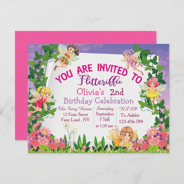 Flitteriffic Pink Magical Fairy Land 2nd Birthday Invitation (Front/Back)