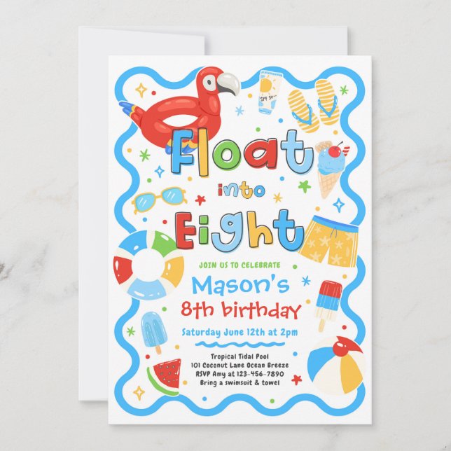 Float Into Eight Summer Pool Party 8th Birthday Invitation (Front)