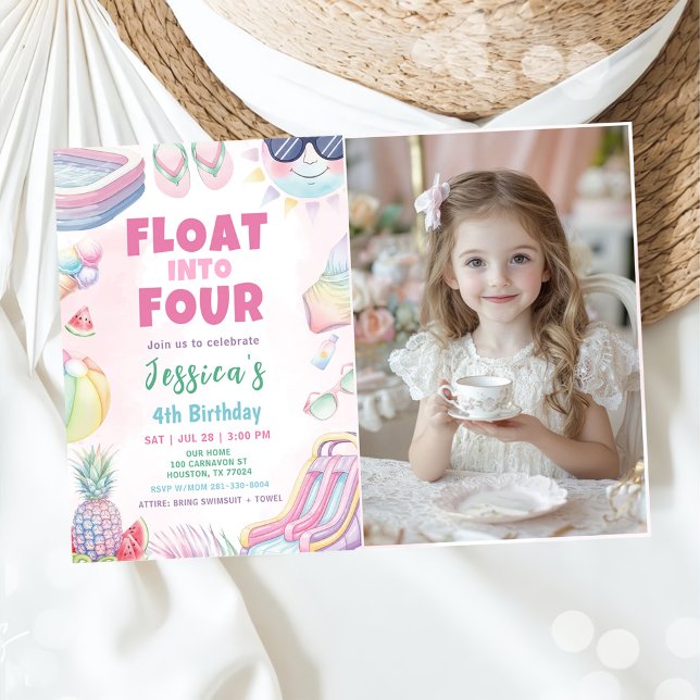 Float Into Four - Summer Girl Birthday Party Photo Invitation (Creator Uploaded)