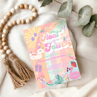 Float Into Four Summer Rainbow Sun 4th Birthday Invitation