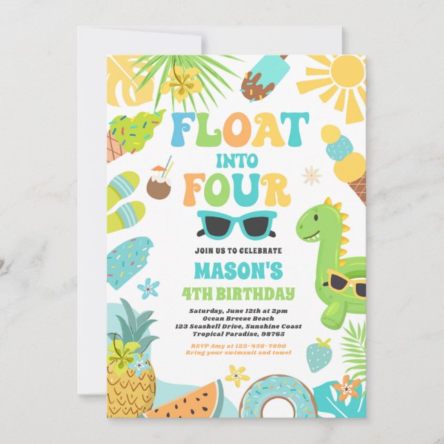 Float Into Four Tropical Beach 4th Birthday Party Invitation (Front)