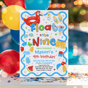 Float Into Nine Summer Pool Party 9th Birthday Invitation