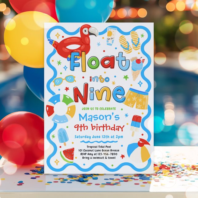 Float Into Nine Summer Pool Party 9th Birthday Invitation (Creator Uploaded)