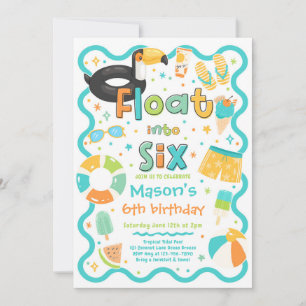 Float Into Six Summer Pool Party 6th Birthday Invitation