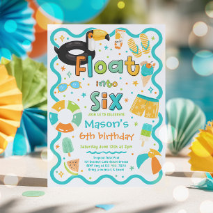 Float Into Six Summer Pool Party 6th Birthday Invitation