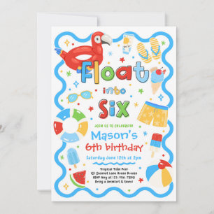 Float Into Six Summer Pool Party 6th Birthday Invitation
