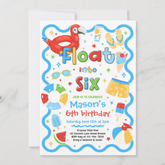 Float Into Six Summer Pool Party 6th Birthday Invitation