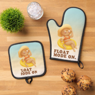 Float Mode On: Summer Cat Lemon Pool Party Art Oven Mitt & Pot Holder Set
