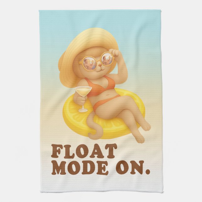 Float Mode On: Summer Cat Lemon Pool Party Art Tea Towel (Vertical)