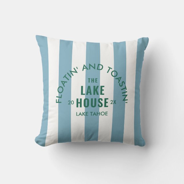 Floatin' And Toastin' The Lake House Blue Stripe Cushion (Front)