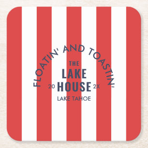 Floatin' And Toastin' The Lake House Red Stripe Square Paper Coaster